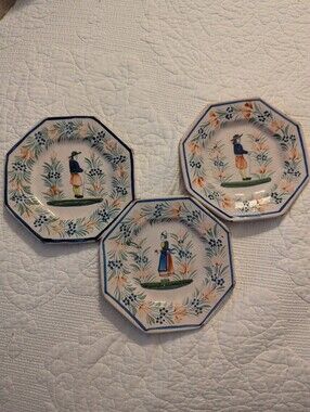 Vintage Henriot Quimper France Octagonal Plates - Set of 3 - Hand Painted Breton
